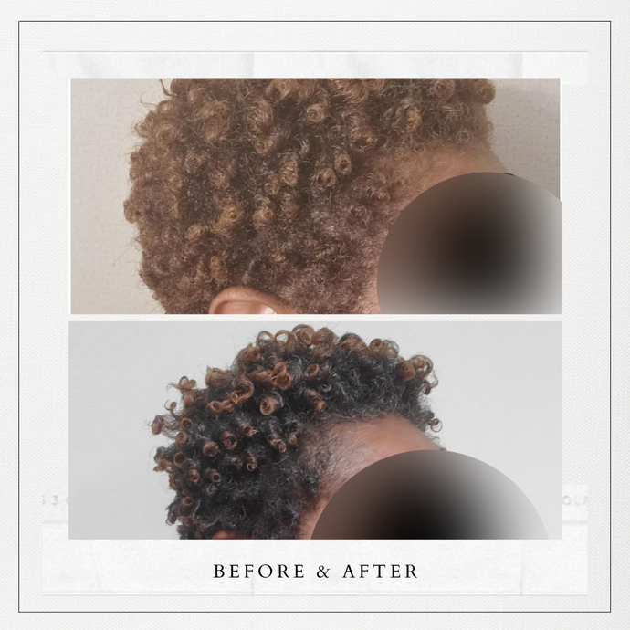 before and after photo of curly hair that was previously thin and is now thicker